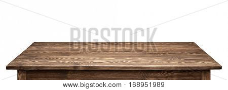 Wooden tabletop on white background. Empty rustic wood table.