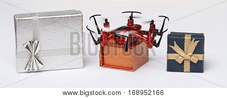 Express delivery via drone service. Gift boxes transport by drone shipping