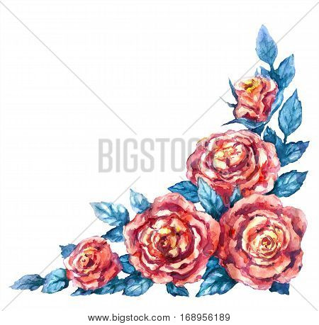 Hand drawn watercolor illustration. Floral elements for decoration. Red rose bunch isolated on white. Flowers corner design. Aquarelle sketch.