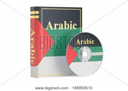 Arabic book with CD disk 3D rendering isolated on white background