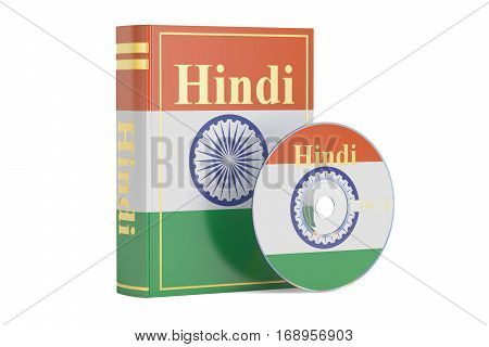 Hindi book with flag of India and CD disk 3D rendering isolated on white background