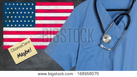 Blue doctor scrubs shirt and stethoscope hang empty in front of USA flag. Illustration of healthcare system problems with question about ObamaCare replacement