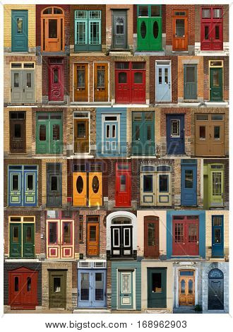 Collage of old and colorful doors  from Quebec, Canada