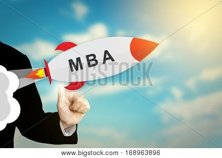 business hand clicking MBA or Master Of Business Administration flat design rocket