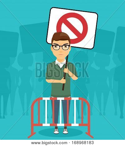 A protester at the rally with a poster in his hands. Young guy with glasses. The struggle for justice. Expression of civil law for the control of the authorities.