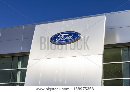 Indianapolis - Circa February 2017: A Local Ford Car and Truck Dealership. Ford sells products under the Lincoln and Motorcraft brands III