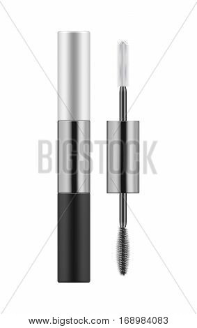 Double tubes mascara and brushes. 3d realistic double-sided container extend or conditioning gel and black mascara. Cosmetic product for care of eyebrows and eyelashes. Vector illustration