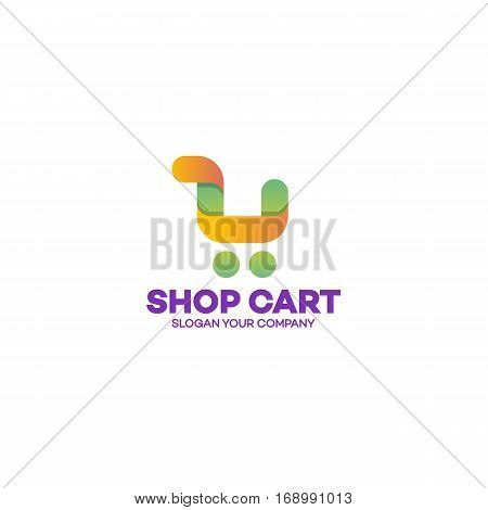 Shopping cart logo yellow green color style on white background use for corporate identity on-line store, nature product shop, on-line shopping. Vector Illustration