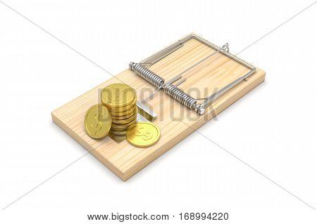 Mousetrap with Coins, isolated on white. 3D illustration