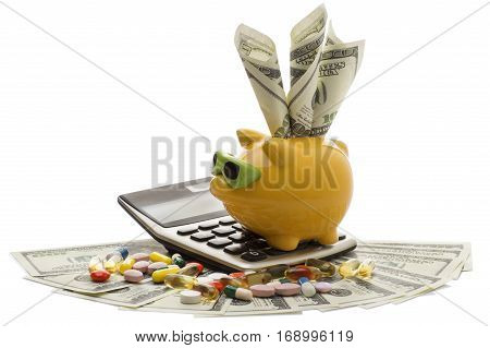Colorful pills in shopping cart. Shopping trolley with pills and medicine isolated on white.