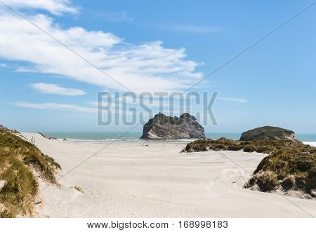 sand dunes at Wharariki beach in New Zealand