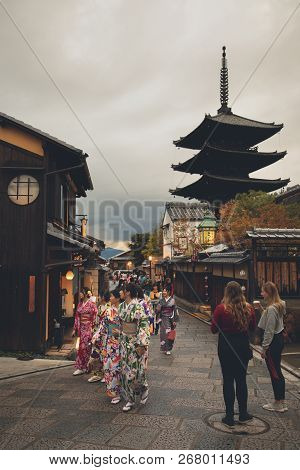 Kyoto Japan - November9,2018 : Japanese Woman Wearing Kimono Old Traditon Clothes Walking In Yasaka 