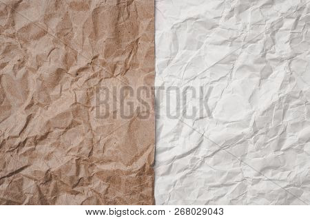 Brown Craft And White Cumpled Paper Sheets Background Texture. Pros And Cons Concept.