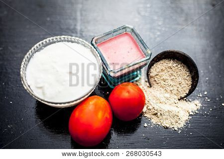 Close Up Of Herbal And Beneficial Face Pack For Skin Whitening I.e. Tomato Puree With Yogurt And Oat