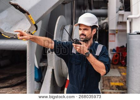 Marine Deck Officer Or Chief Mate On Deck Of Vessel Or Ship
