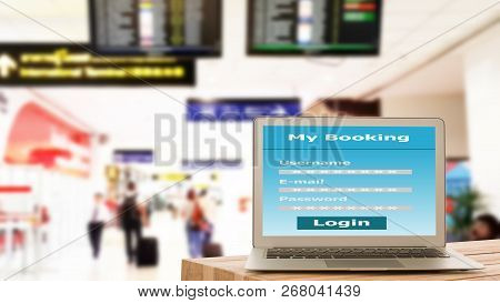 Using Laptop Booking Hotle Before A Trip. Bussiness And Technology Concept.