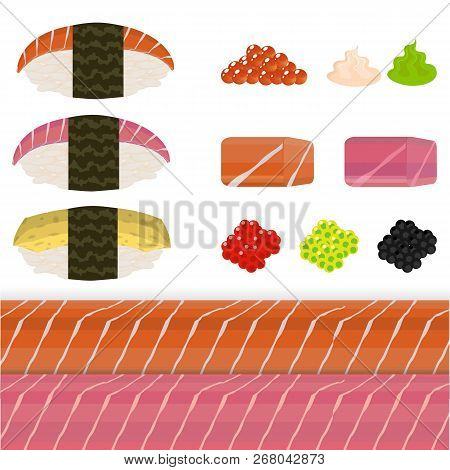 Diy Set Of Nigiri Sushi , Tobiko, Red Caviar Wasabi And Tuna And Salmon Sashimi
