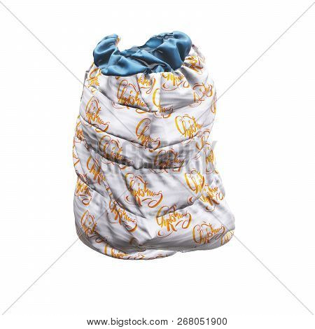 Santa Clauss Bag Or Sack With Christmas Word Lettering Made By Watercolor , Full Of Gifts, On White 