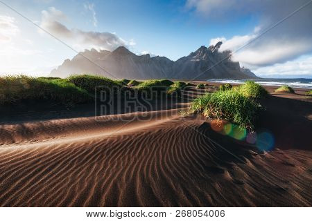 Fantastic West Of The Mountains And Volcanic Lava Sand Dunes On The Beach Stokksness, Iceland. Color