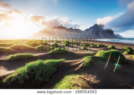 Fantastic West Of The Mountains And Volcanic Lava Sand Dunes On The Beach Stokksness, Iceland. Color