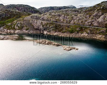 Norway Landscape. Road And Lakes In Stony Rocks Mountains. Norwegian National Tourist Scenic Route R