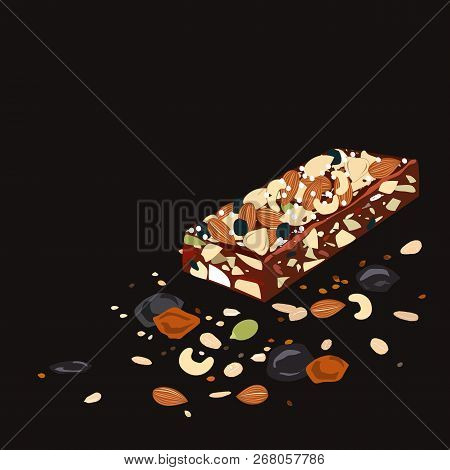 Superfood Breakfast Bar With Oats And Dried Fruits, Above View On Black Background