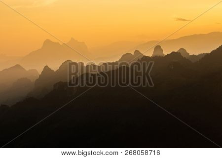 Phou Khoun Dramatic sky. sun ray shining over mountain. View point on laos luang prabang sky road.