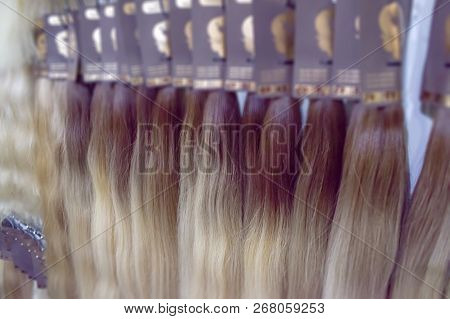 Hair Extension Equipment Of Natural Hair. Hair Ombre Balayage Samples Of Different Colors. Multi-col