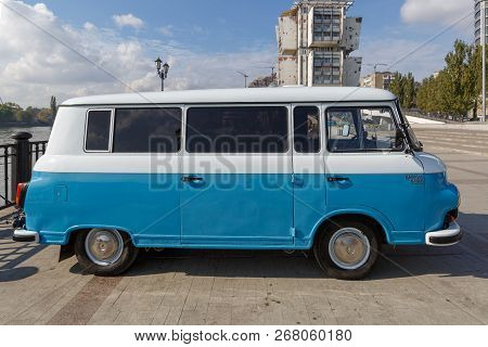 Rostov-on-don, Russia, 07 October 2017: Cyan Retro Minivan Barkas B1000 At The Show Of Old Cars On E