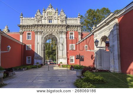 Istanbul, Turkey - September 13, 2017: This Is A View Of The Main Gate Of The Dolmabahche Palace Fro