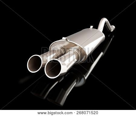 Car Muffler Sport  On A Black  Background 3d Illustration, 3d Rendering