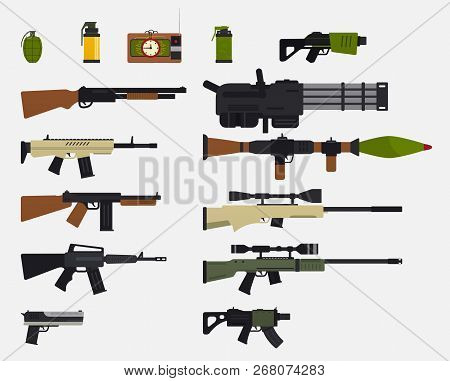 Modern Battle Weapons. Set Of Military Weapons, Automatic Firearms, Rifles, Shotgun, Revolver, Grena