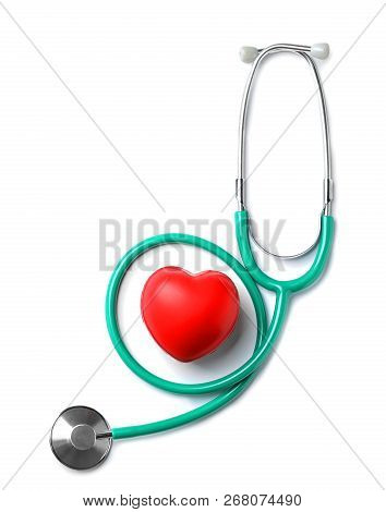 Stethoscope For Checking Pulse And Red Heart On White Background, Top View. Space For Text