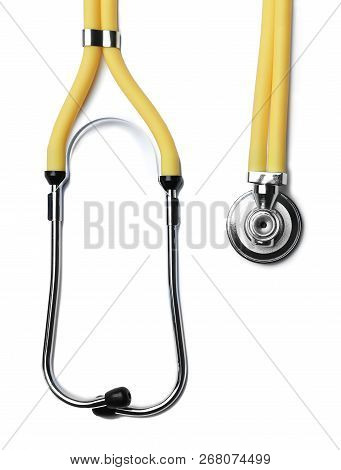 Stethoscope For Checking Pulse On White Background, Top View. Space For Text