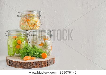 Home Made Cultured Vegetables In Jars Fermenting To Be Used As A Probiotic Food. Canned Food Concept