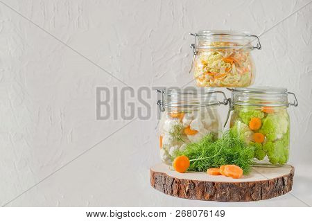 Home Made Cultured Vegetables In Jars Fermenting To Be Used As A Probiotic Food. Canned Food Concept