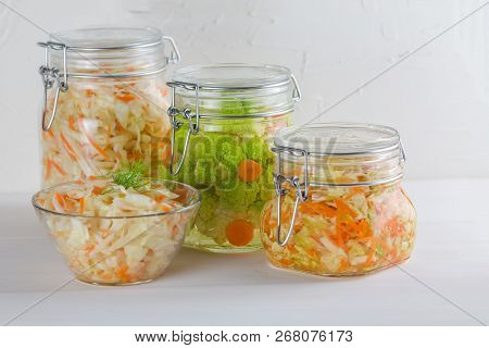 Home Made Cultured Vegetables In Jars Fermenting To Be Used As A Probiotic Food. Canned Food Concept