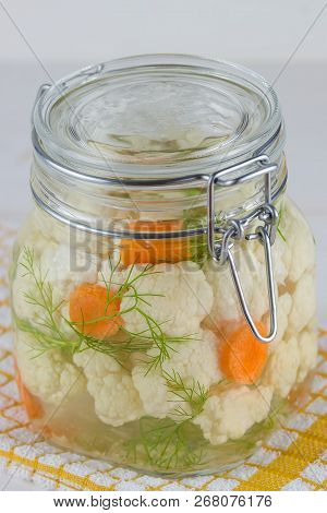 Home Made Cultured Vegetables In Jars Fermenting To Be Used As A Probiotic Food. Canned Food Concept