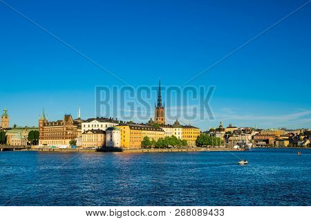Riddarholmen Island District With Riddarholm Church Spires And Typical Sweden Colorful Gothic Buildi