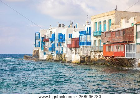 Famous Mykonos Town Colorfull Little Venice, Mykonos Island, Cyclades In Greece