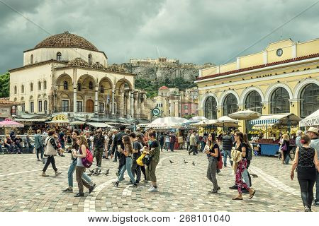 Athens - May 7, 2018: Monastiraki Square Overlooking Acropolis In Athens, Greece. People Visit An Ol