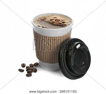 Aromatic Coffee In Takeaway Paper Cup With Lid And Beans On White Background