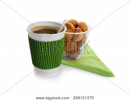 Aromatic Coffee In Takeaway Paper With Cardboard Sleeve And Tasty Cookies On White Background