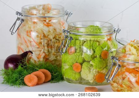 Home Made Cultured Vegetables In Jars Fermenting To Be Used As A Probiotic Food. Canned Food Concept