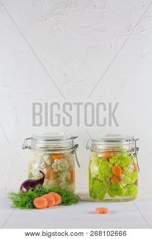 Home Made Cultured Vegetables In Jars Fermenting To Be Used As A Probiotic Food. Canned Food Concept