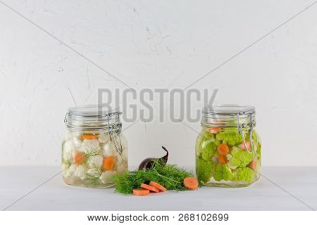 Home Made Cultured Vegetables In Jars Fermenting To Be Used As A Probiotic Food. Canned Food Concept