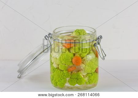 Home Made Cultured Vegetables In Jars Fermenting To Be Used As A Probiotic Food. Canned Food Concept