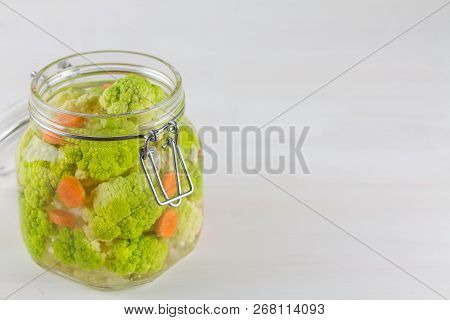 Home Made Cultured Vegetables In Jars Fermenting To Be Used As A Probiotic Food. Canned Food Concept