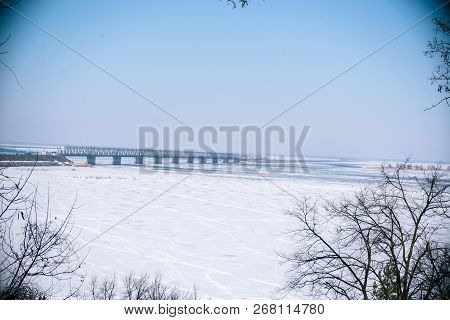 Bridge Over The Frozen River In Cherkassy.