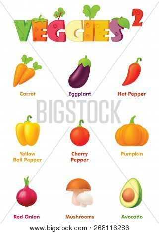 Vector Vegetables Icon Set. Includes Colorful And Bright Carrot, Eggplant, Hot Pepper, Yellow Bell P